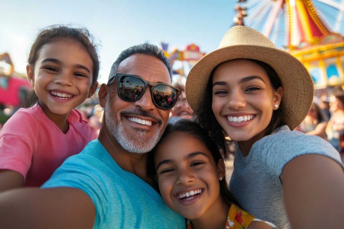 A family enjoying a day at the amusement park